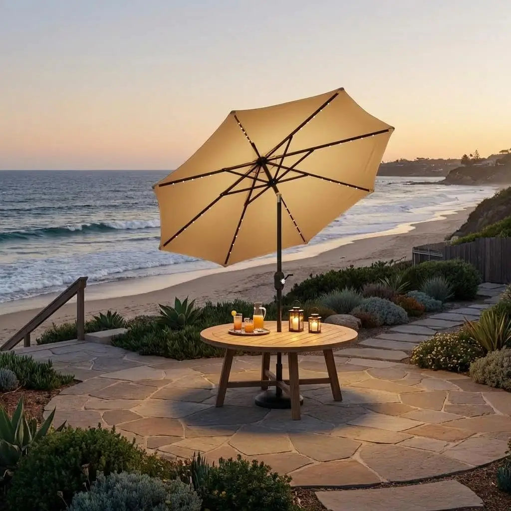 Patio Umbrella With Solar LED Lights Waterproof And Push Button Tilt Crank