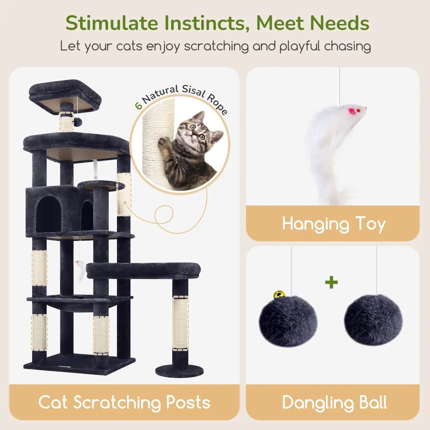 Cat Tree With Padded Perches, Scratching Posts, Hammock And Condo