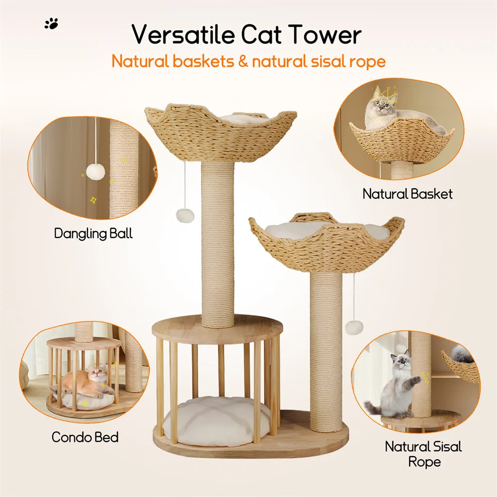 BORWARTCN 3-Tier Cat Tree With Plush Napping Perches Sisal Rope