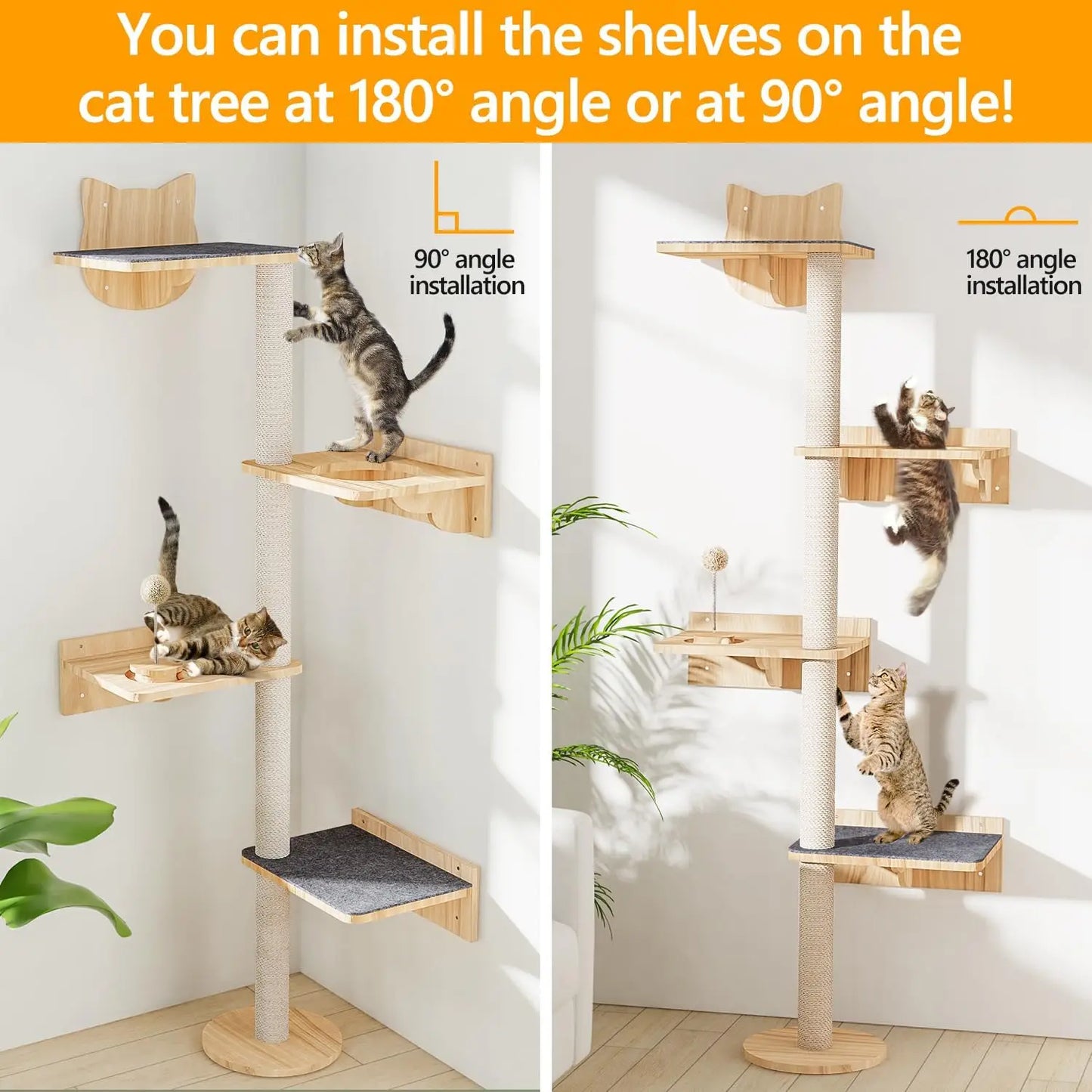 Wall-Mounted Cat Tree With Sisal Scratching Post Shelves Toy Ball