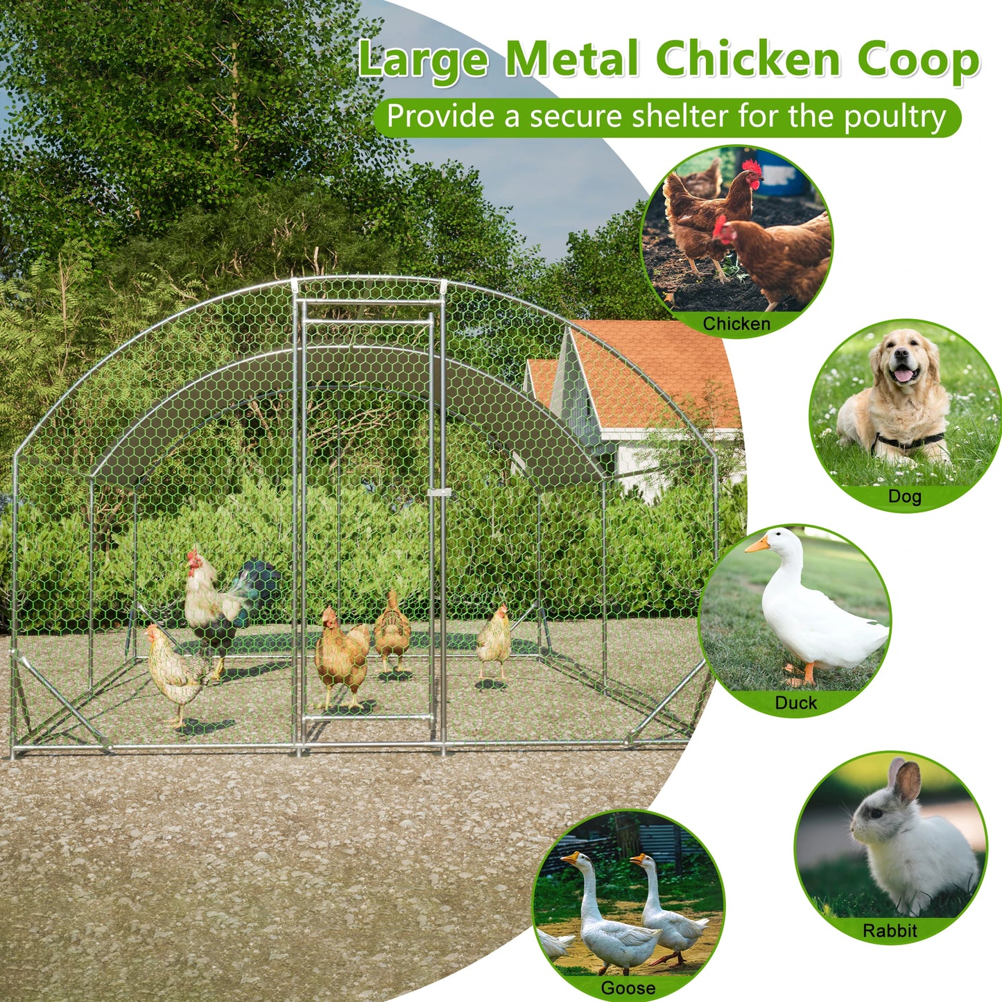 Large Metal Chicken Coop Walk In Dome Shaped Fence Cage With Waterproof UV Cover