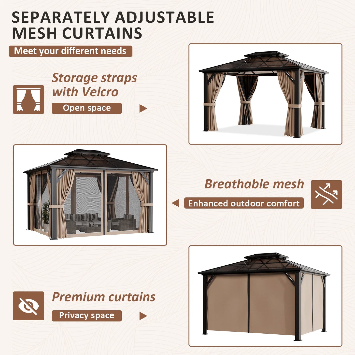 VIWAT Hardtop Gazebo Aluminum Frame Polycarbonate Roof Netting Curtains