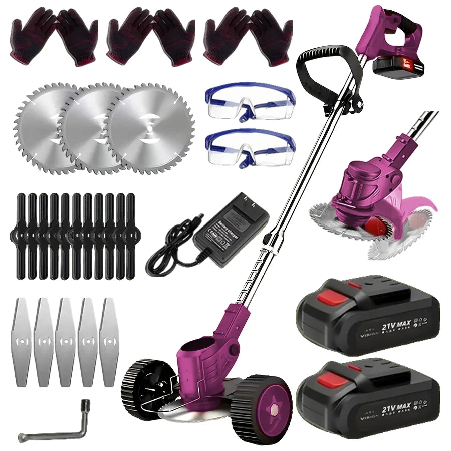 Portable Cordless Electric Lawn Mower And Weeder With 2 Batteries