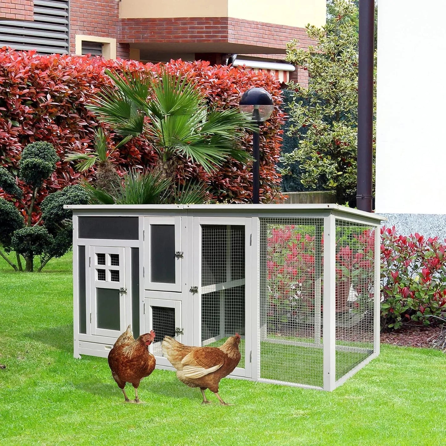 Outdoor Wooden Chicken Coop With Run Nesting Box Waterproof Roof