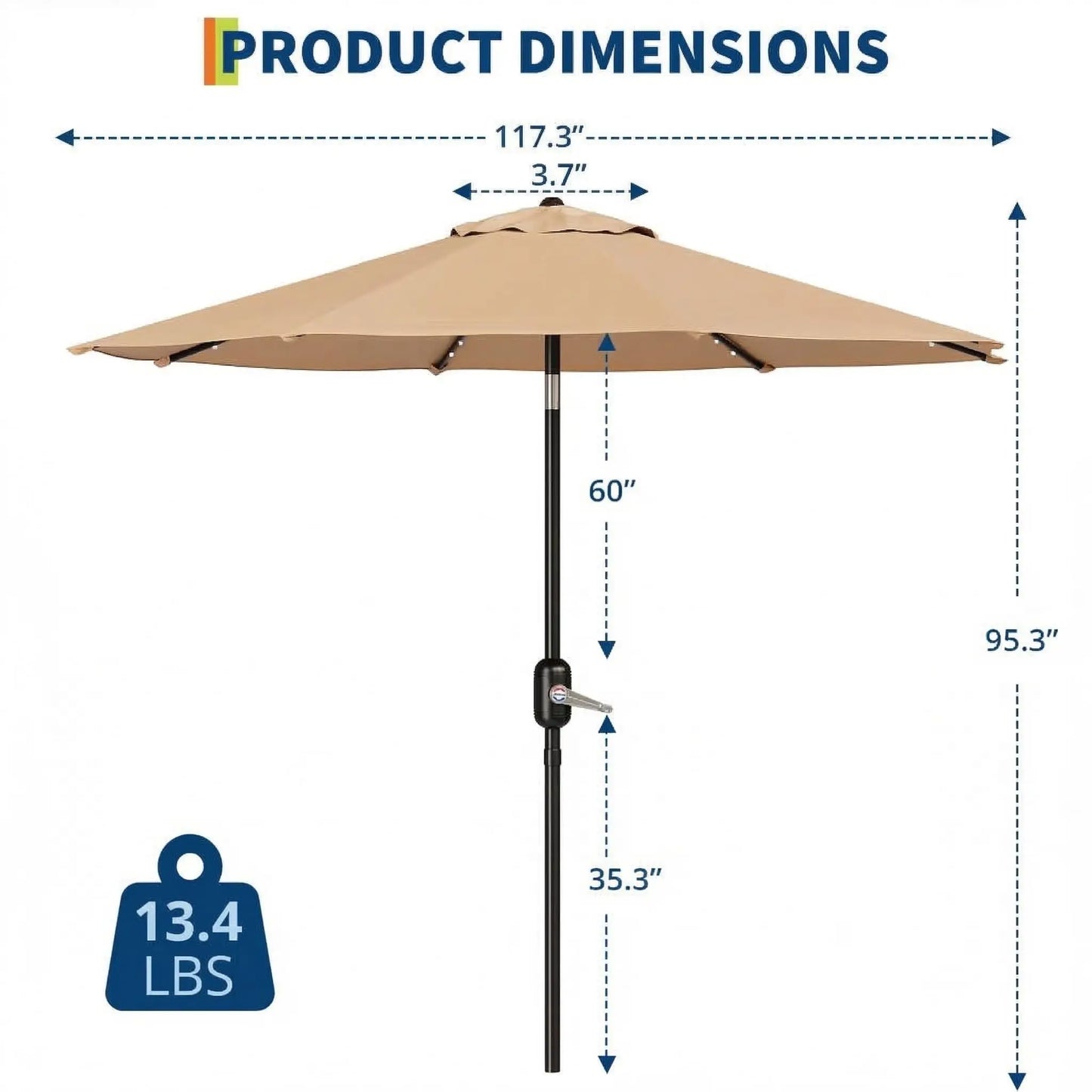Patio Umbrella With Solar LED Lights Waterproof And Push Button Tilt Crank