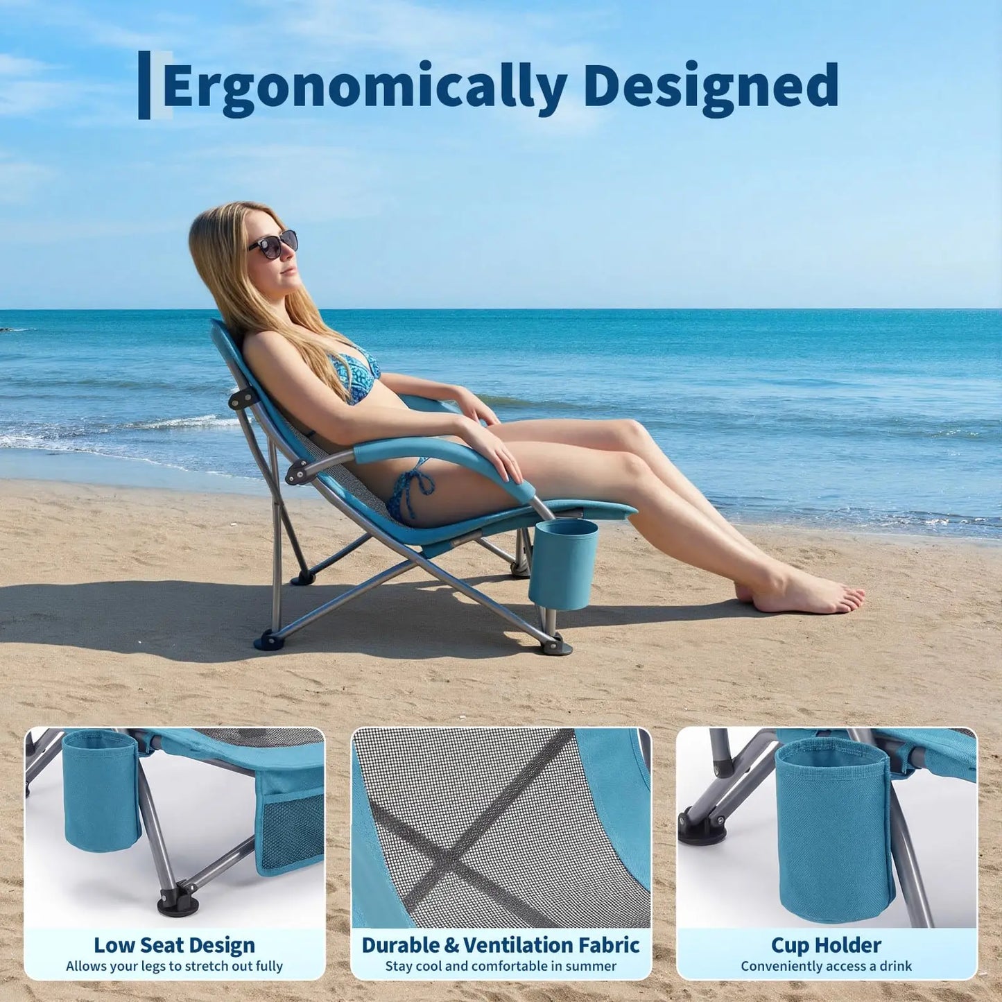Low Profile Portable Folding Beach Chair With Cup Holder
