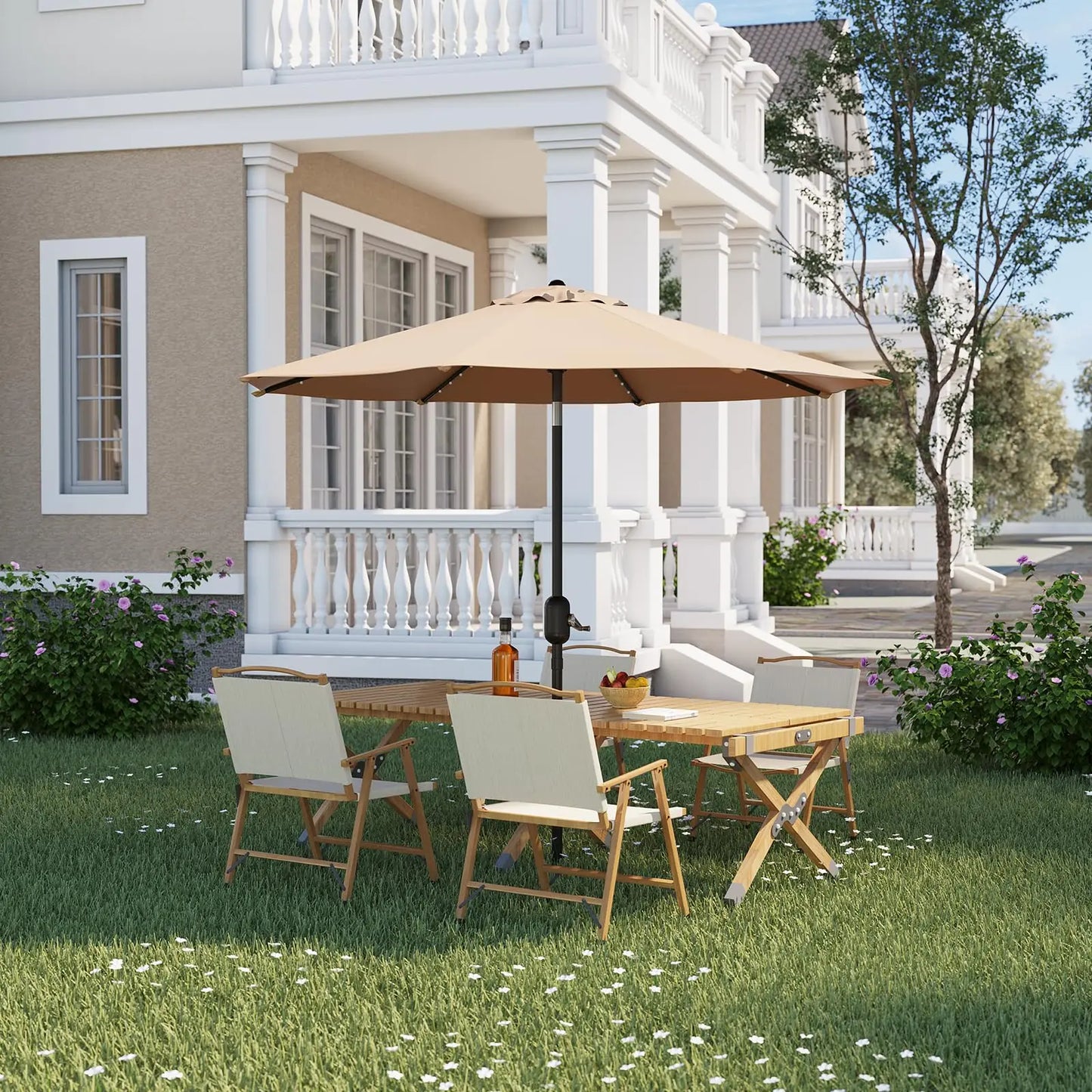 Patio Umbrella With Solar LED Lights Waterproof And Push Button Tilt Crank