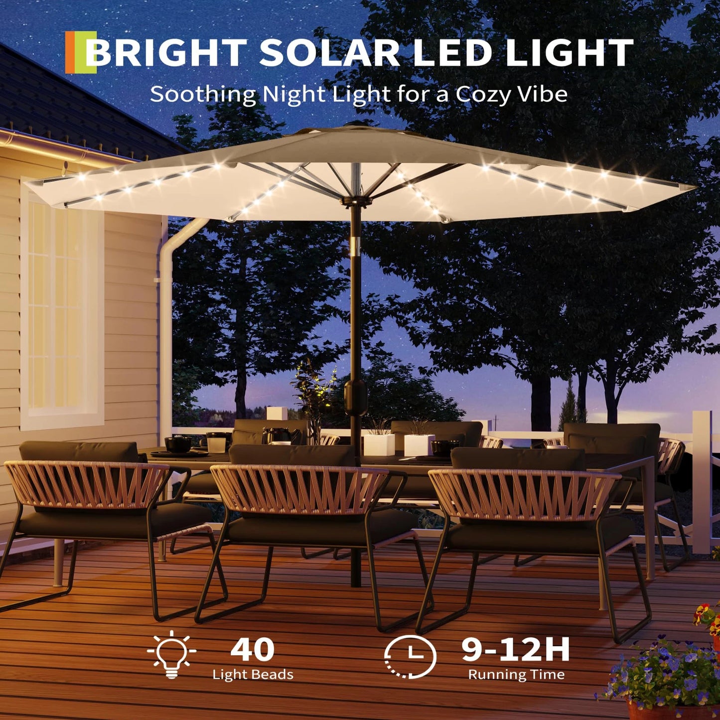 Patio Umbrella With Solar LED Lights Waterproof And Push Button Tilt Crank