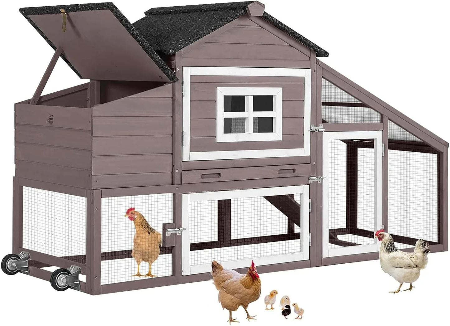 Mobile Chicken Coop With Wheels Wooden Hen House Waterproof Roof