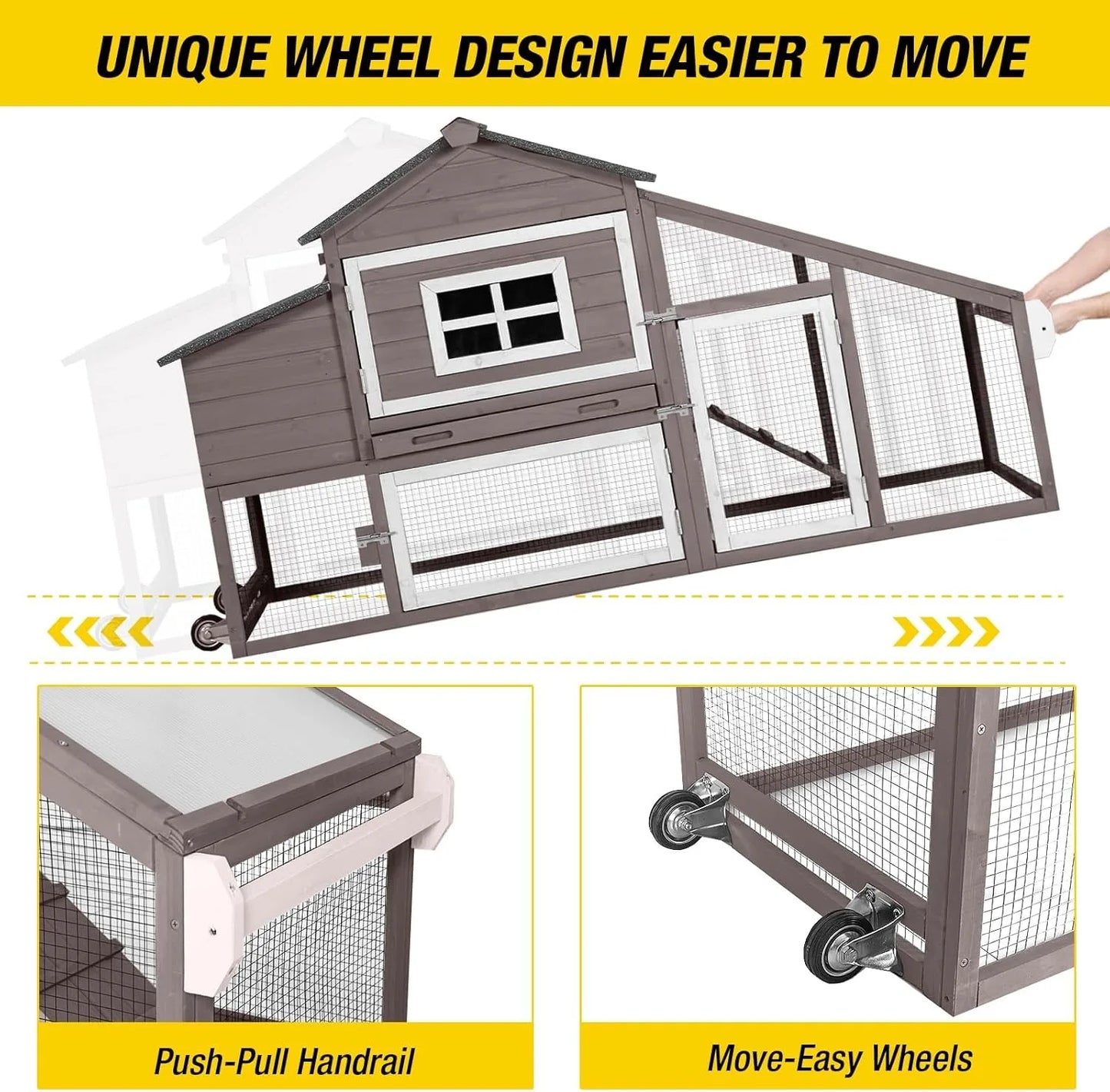 Mobile Chicken Coop With Wheels Wooden Hen House Waterproof Roof