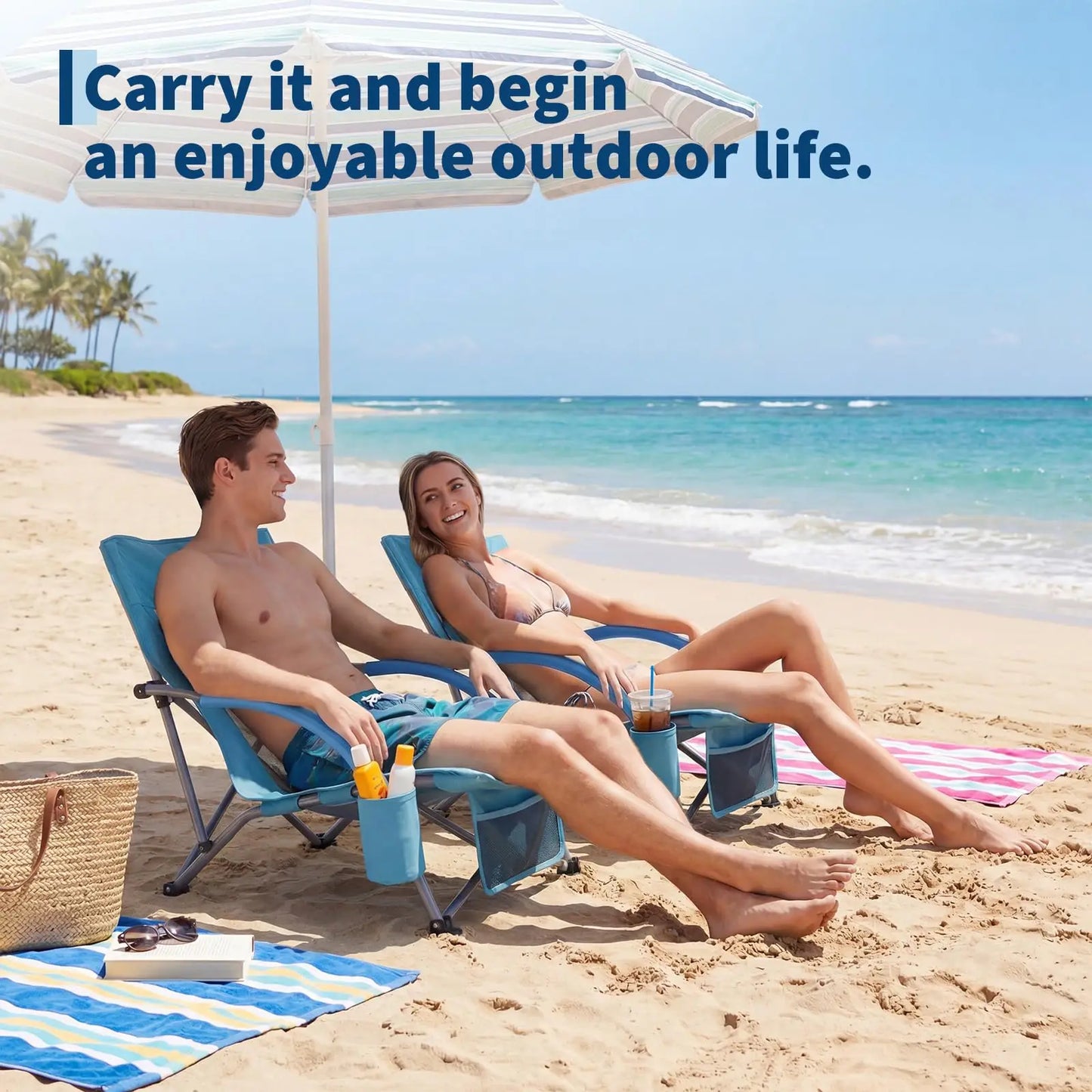 Low Profile Portable Folding Beach Chair With Cup Holder