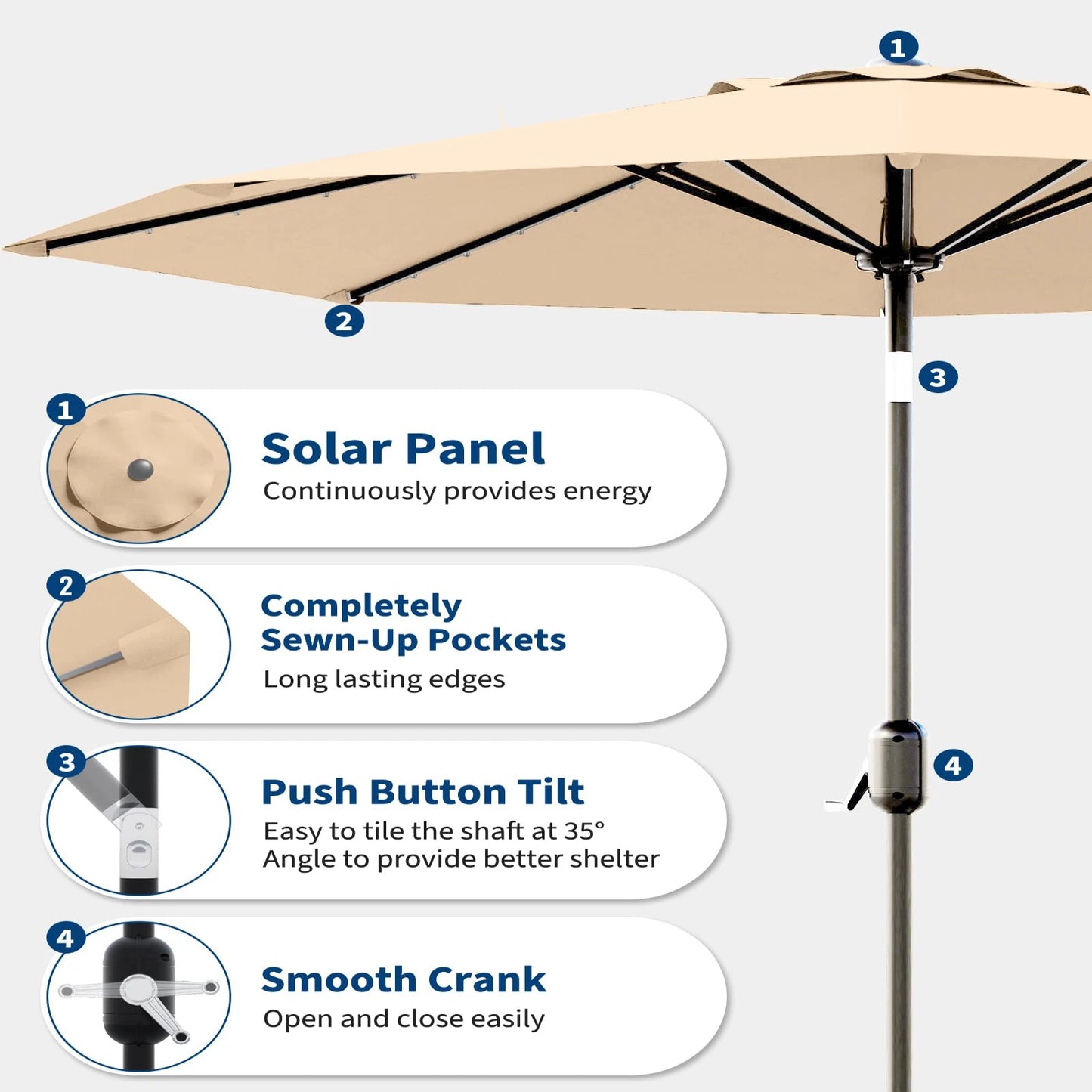 Patio Umbrella With Solar LED Lights Waterproof And Push Button Tilt Crank