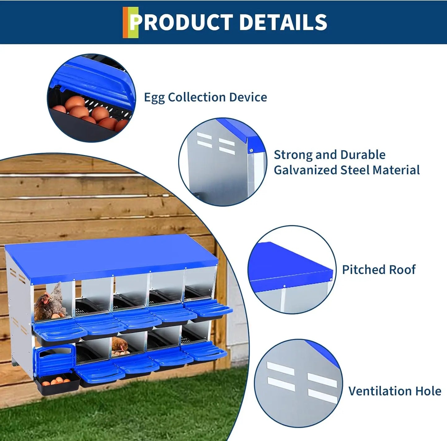 HiMISS 10 Compartment Chicken Nesting Box With Egg Collection