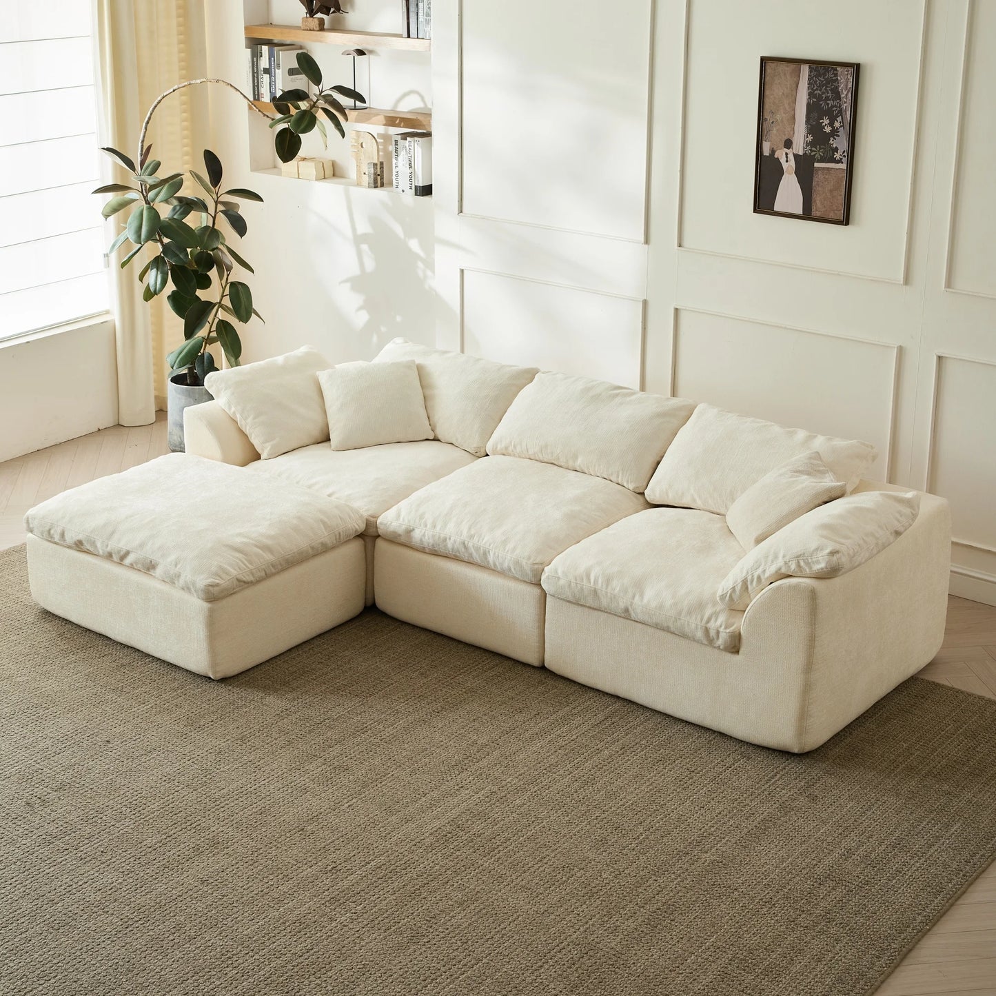 Yeflixvrau Modern Cloud L Shaped 3 Seater Chenille Sofa