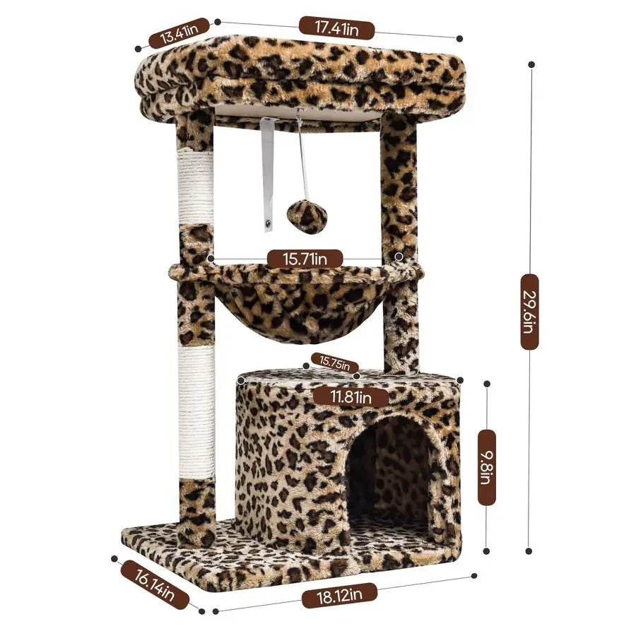 Leopard Print Cat Tree for Indoor Cats Scratching Post Tower