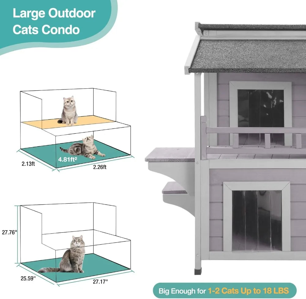 Outdoor Cat House Weatherproof Wooden Two Story Shelter With Balcony