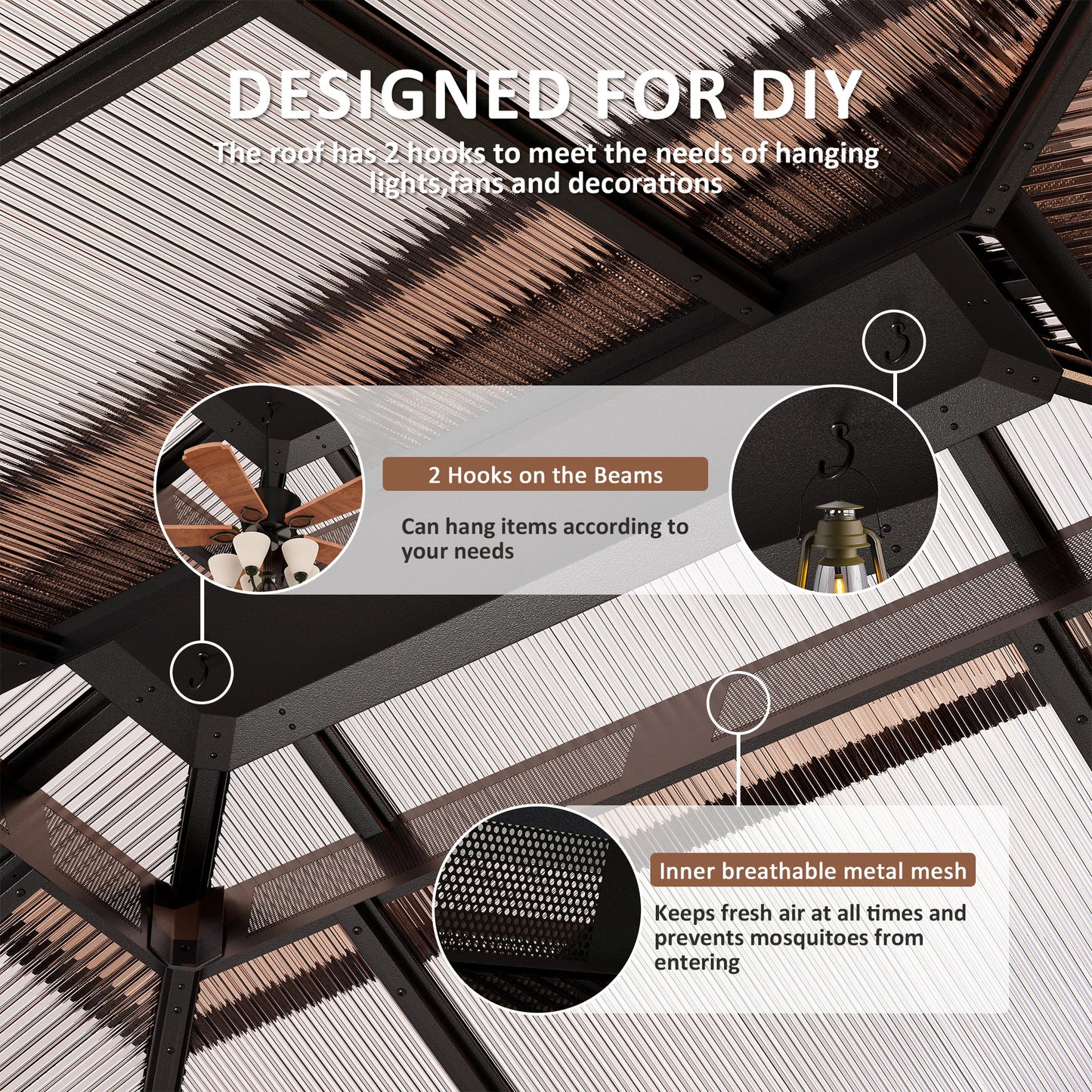 VIWAT Hardtop Gazebo Aluminum Frame Polycarbonate Roof Netting Curtains