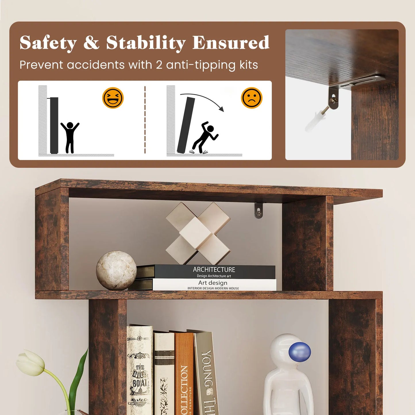 Homasis 6 Tier S Shaped Geometric Bookshelf Anti Toppling Kit