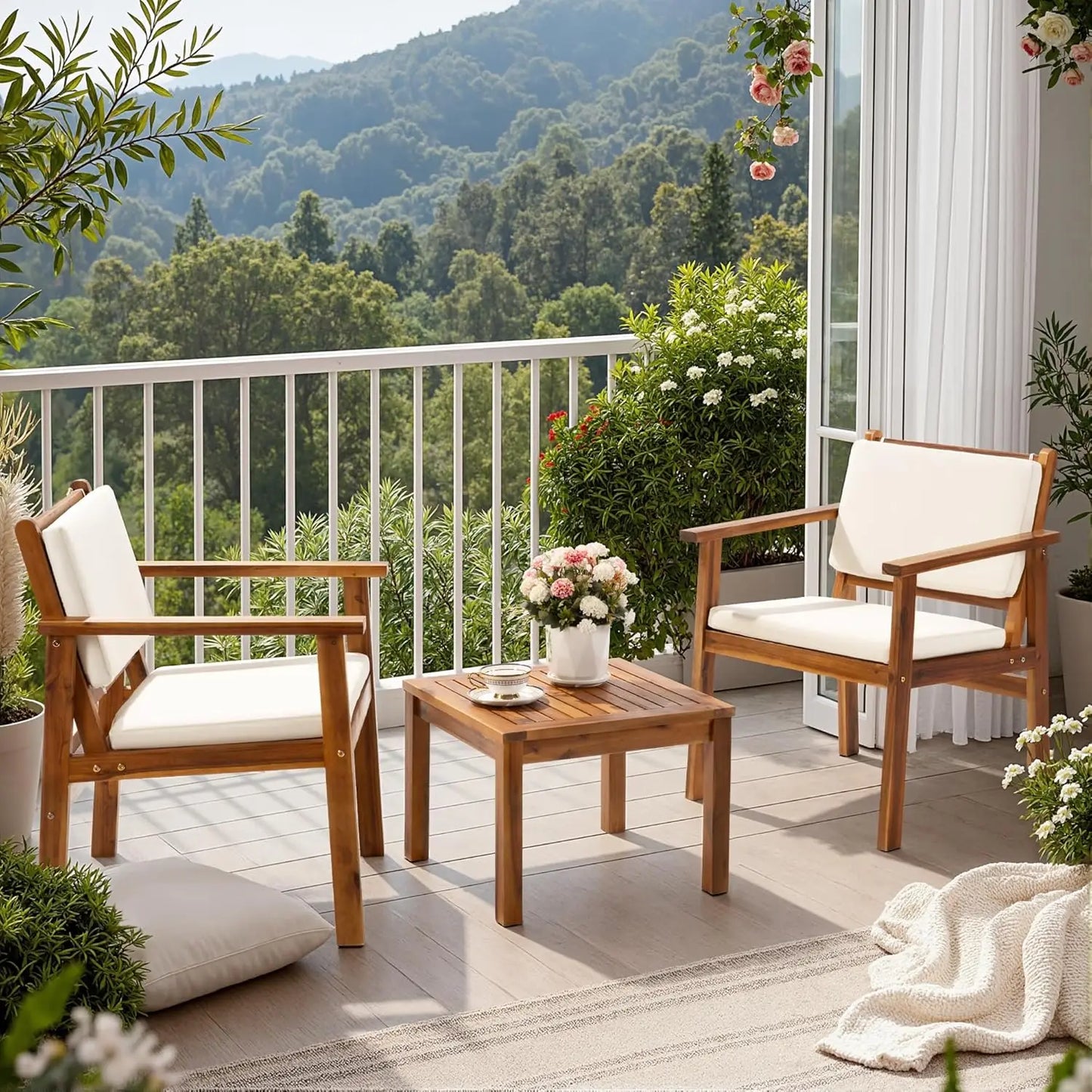 Acacia Wood 3 Piece Patio Set With Coffee Table Cushions