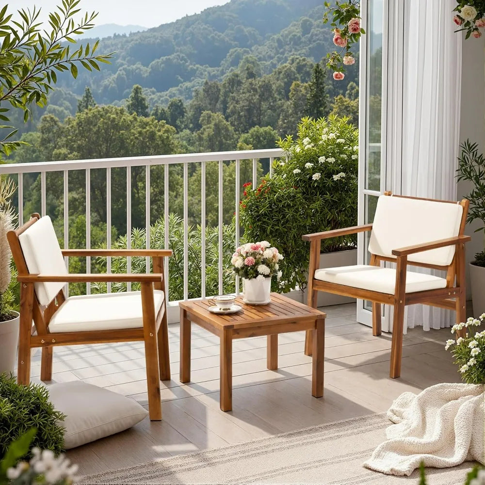 Acacia Wood 3 Piece Patio Set With Coffee Table Cushions