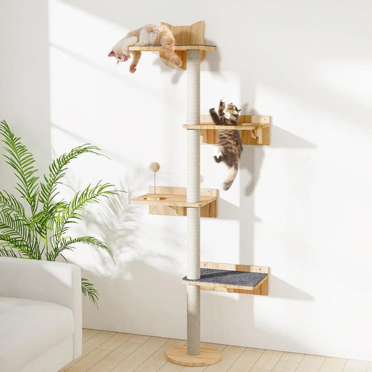 Wall-Mounted Cat Tree With Sisal Scratching Post Shelves Toy Ball