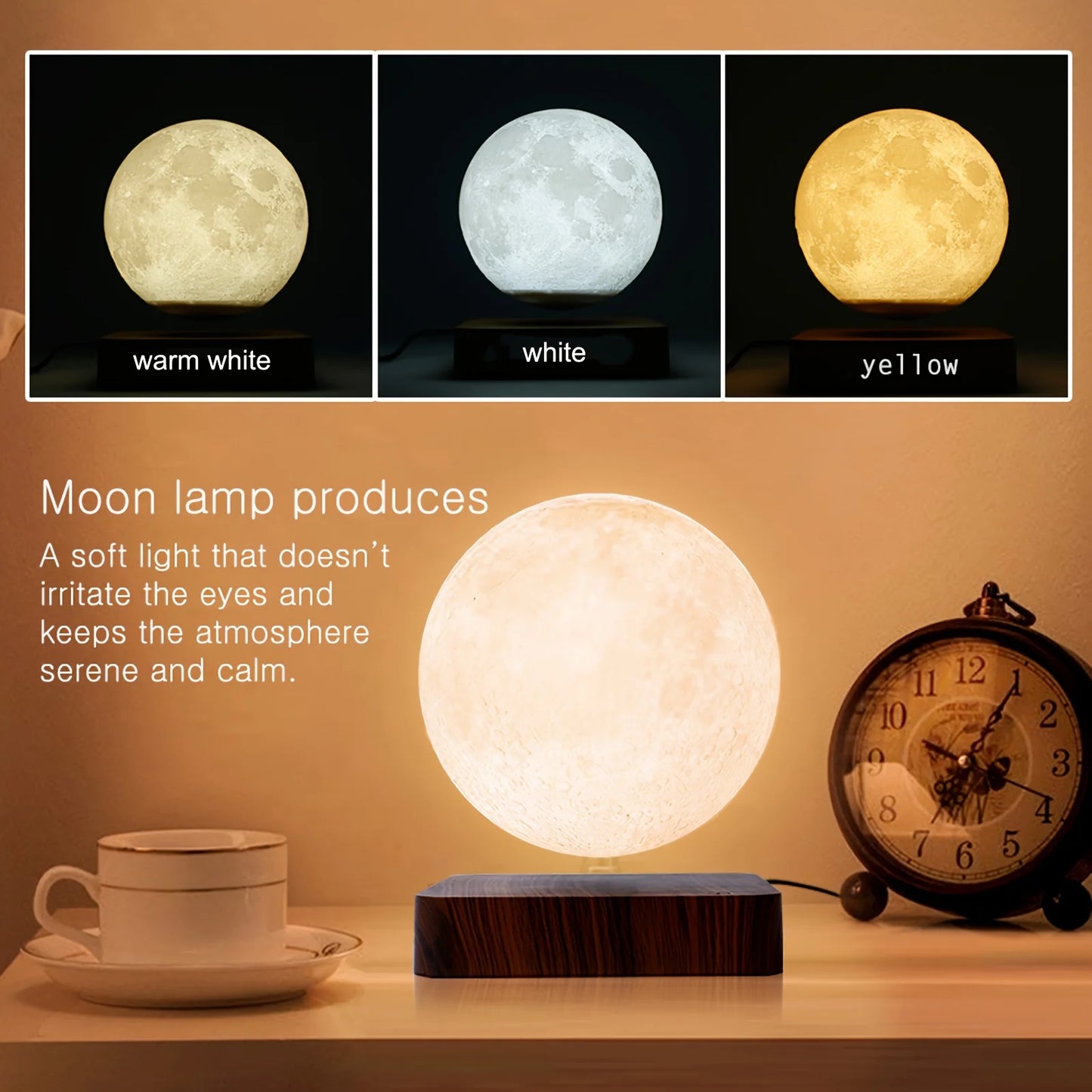 Mexllex Magnetic Floating Moon Lamp With Wooden Base And 3 Color Temp LEDs
