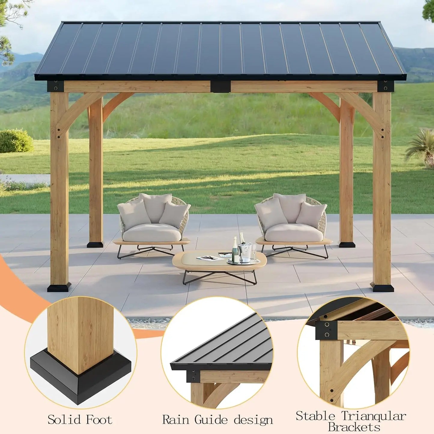 Wood Gazebo Hardtop Galvanized Steel Peak Roof Outdoor Pavilion