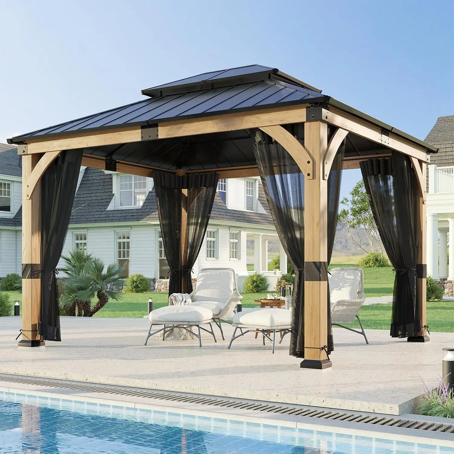 Wood Gazebo Hardtop Galvanized Steel Peak Roof Outdoor Pavilion