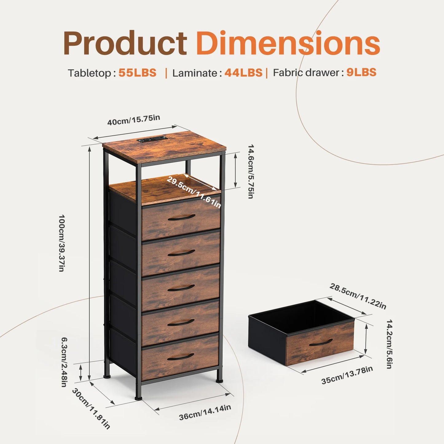 JHK 5 Drawer Nightstand With USB Type C Charging Station Bedside Table