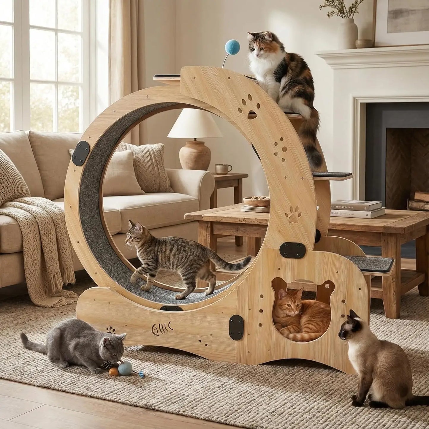 6-in-1 Cat Wheel Treadmill With Built-In House Bowl Scratching