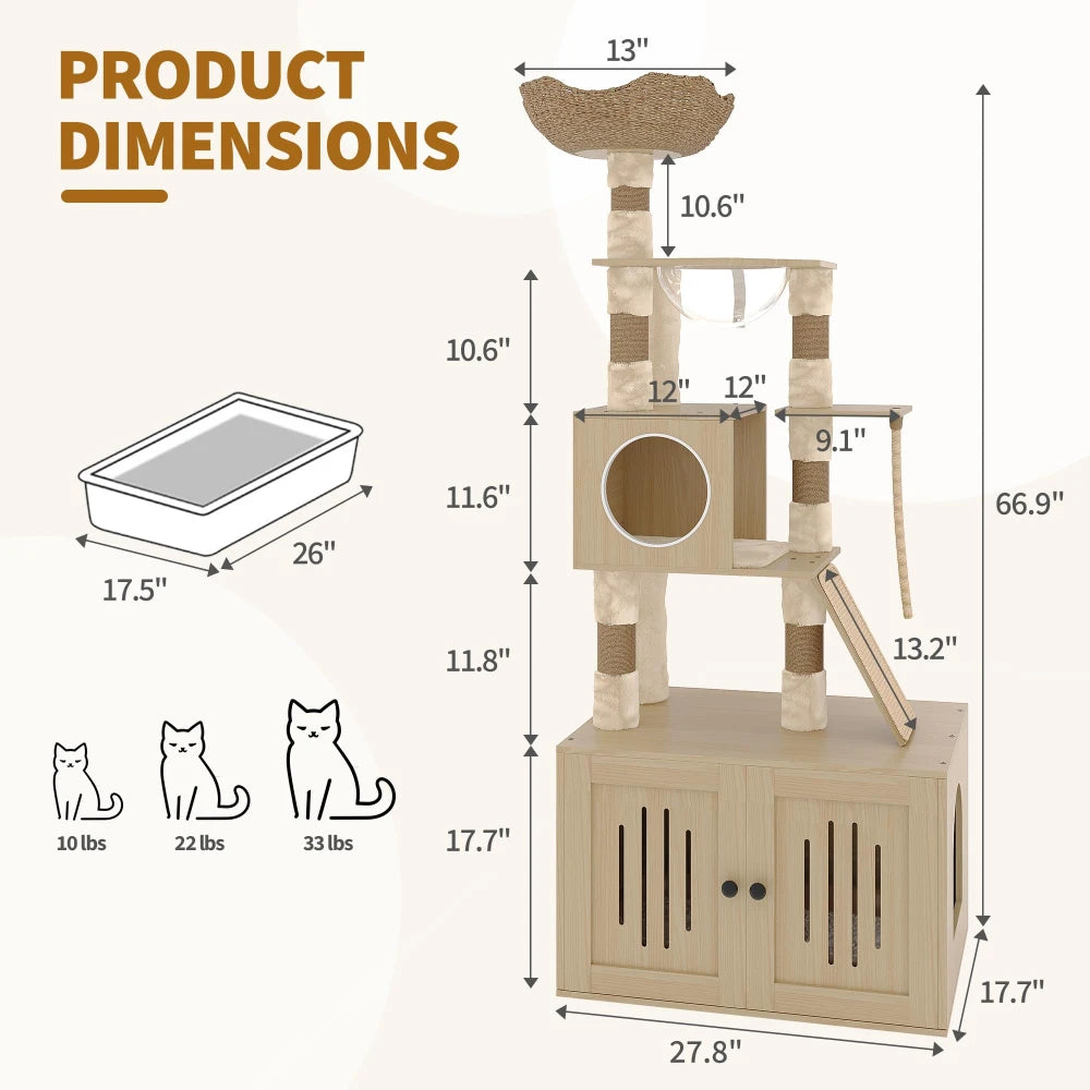 HiMISSCN Cat Tree With Litter Box Enclosure And Storage Cabinet