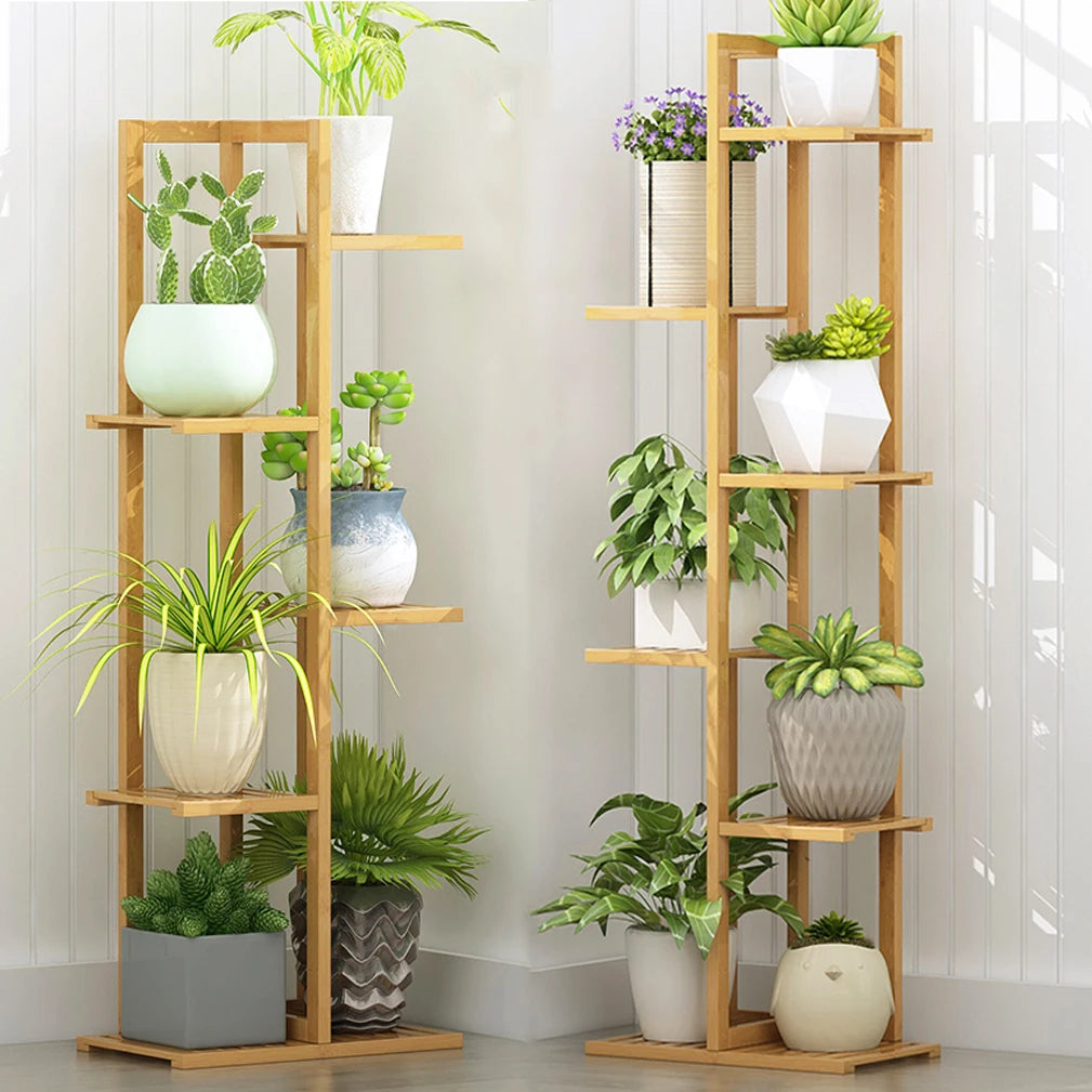 Bamboo 6 Tier Plant Stand Tower For Indoor Outdoor Corner