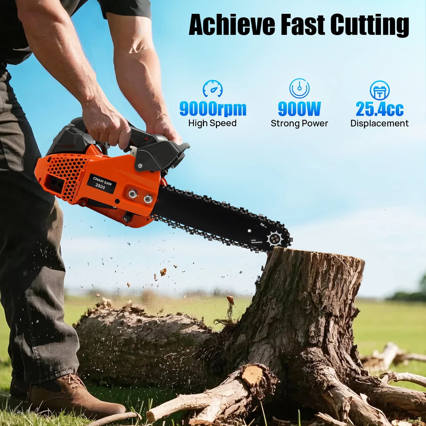 Top Handle Chainsaw 25.4cc Gasoline Two Stroke Engine Woodcutting Tool