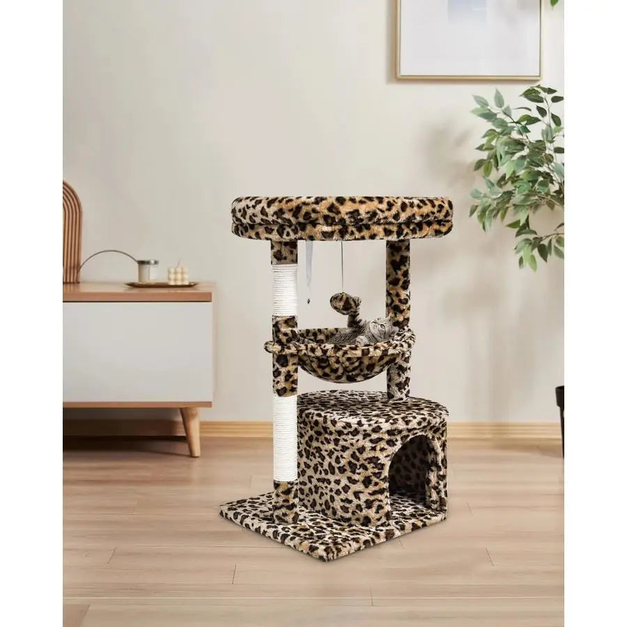 Leopard Print Cat Tree for Indoor Cats Scratching Post Tower