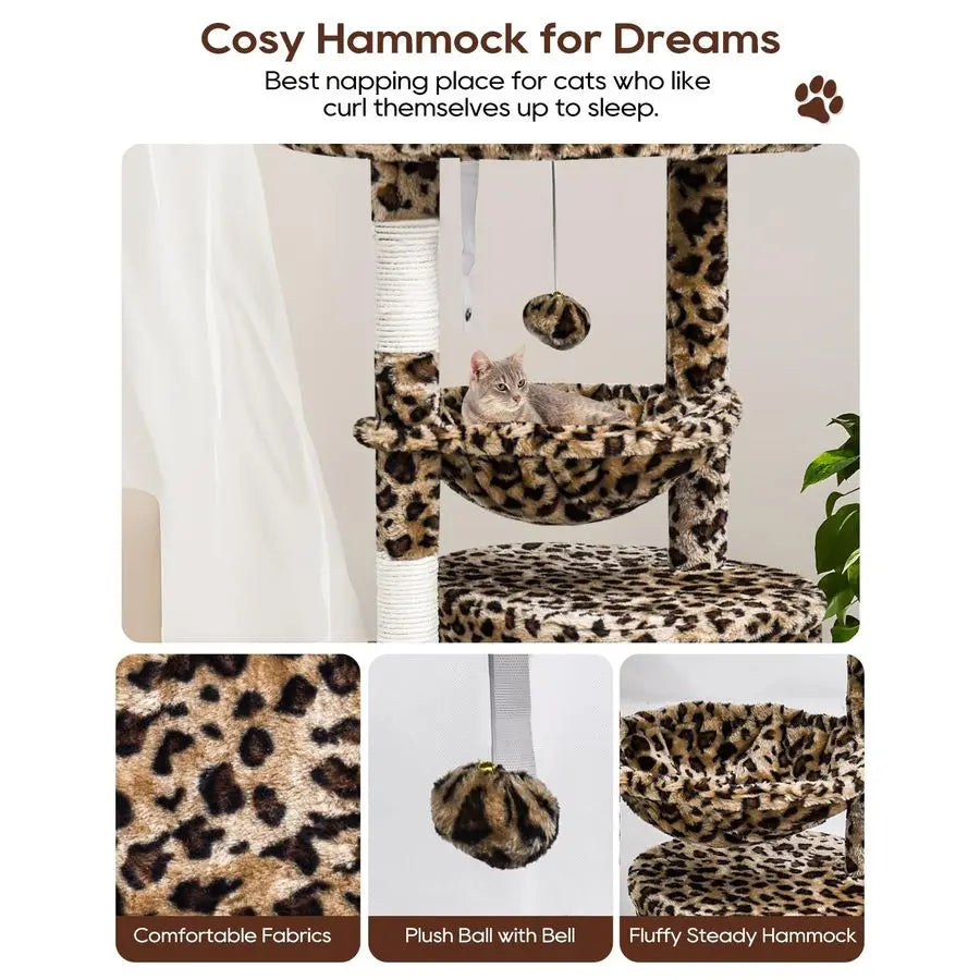 Leopard Print Cat Tree for Indoor Cats Scratching Post Tower
