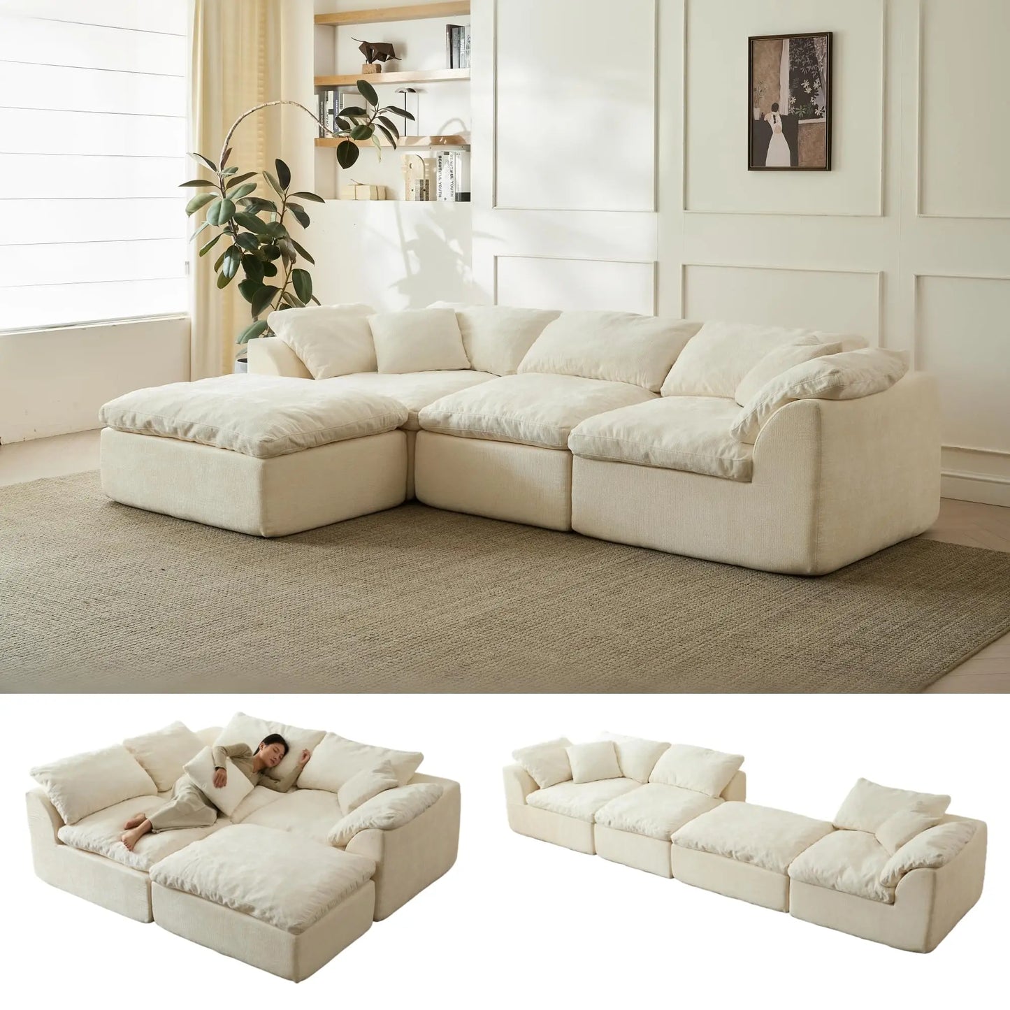 Yeflixvrau Modern Cloud L Shaped 3 Seater Chenille Sofa