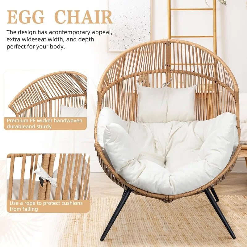 Outdoor Wicker Egg Chair With Cushion PE Rattan Lounge Chair