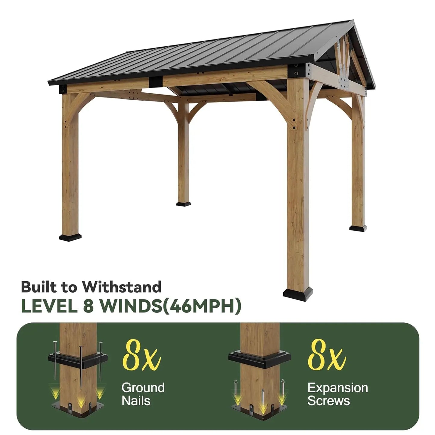 Wood Gazebo Hardtop Galvanized Steel Peak Roof Outdoor Pavilion