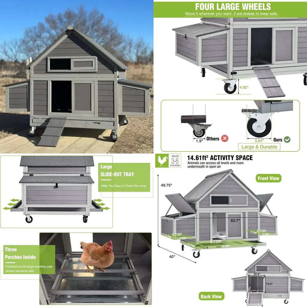 DAFIFY Mobile Chicken Coop On Wheels With 6 Nesting Boxes