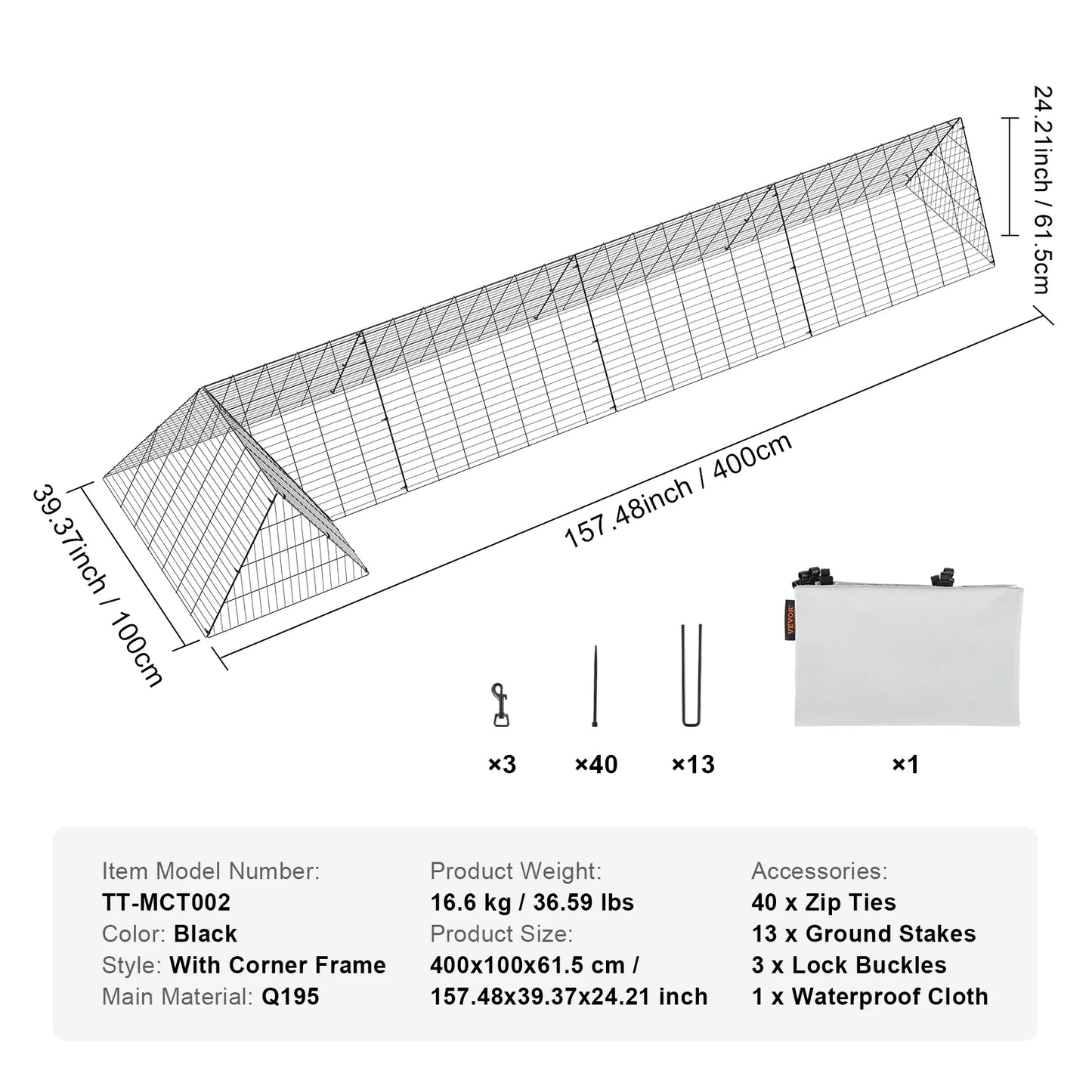 SucceBuy Chicken Tunnels 157.5 x 39.4 x 24.2 in(LxWxH) Chicken Tunnels Yard Portable Chicken Tunnels for Outside Corner Frames