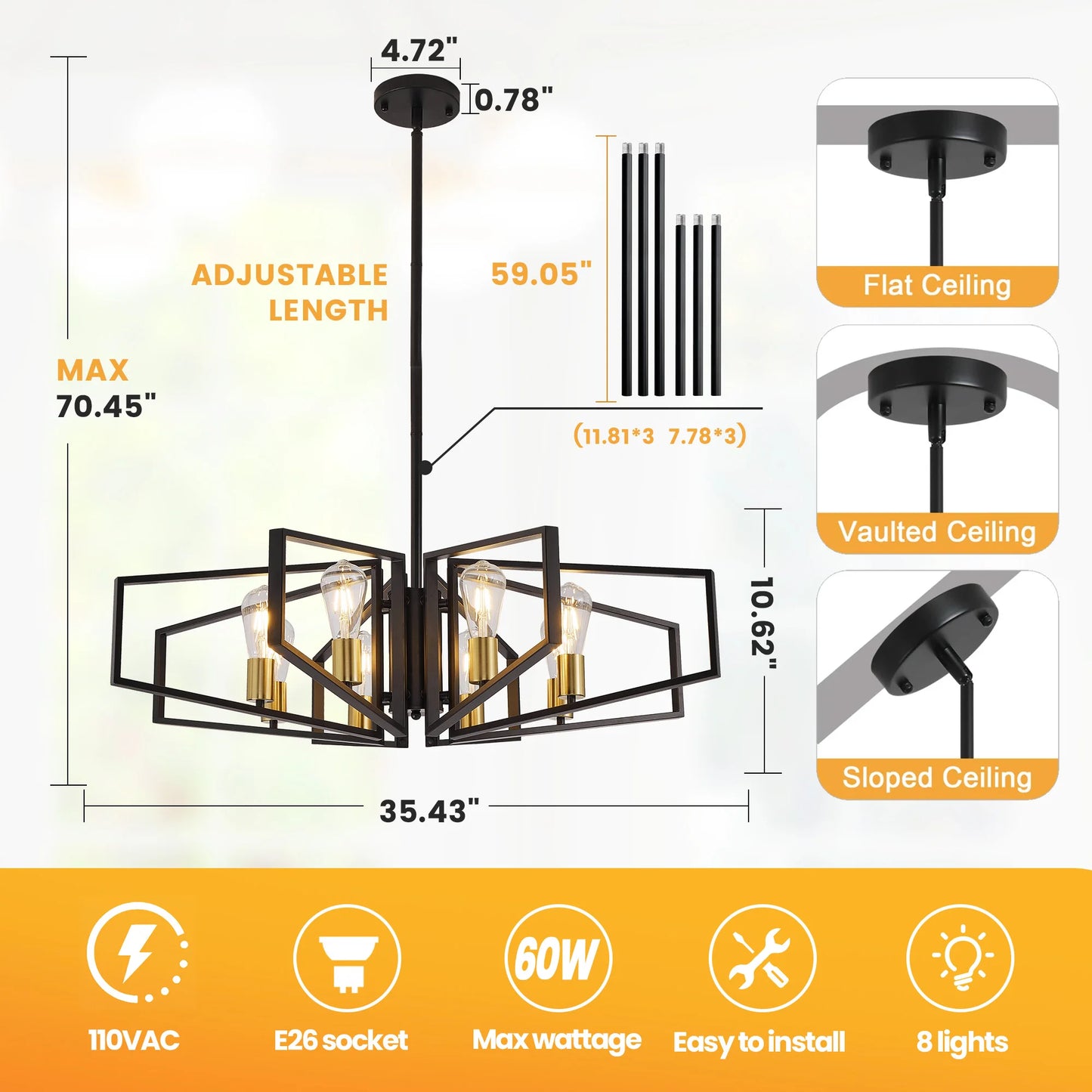 Modern 8 Light Geometric Chandelier Pendant With Adjustable Height