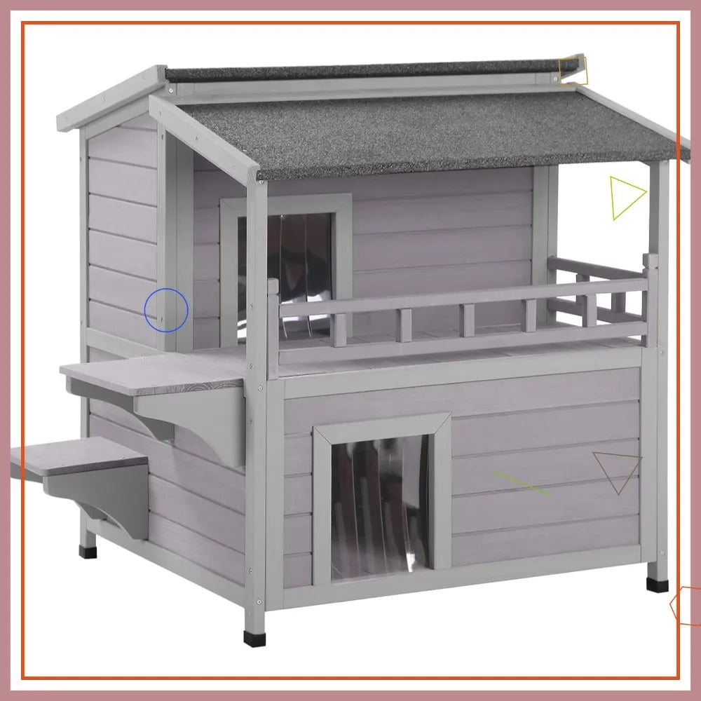 Outdoor Cat House Weatherproof Wooden Two Story Shelter With Balcony