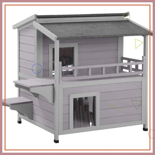 Outdoor Cat House Weatherproof Wooden Two Story Shelter With Balcony