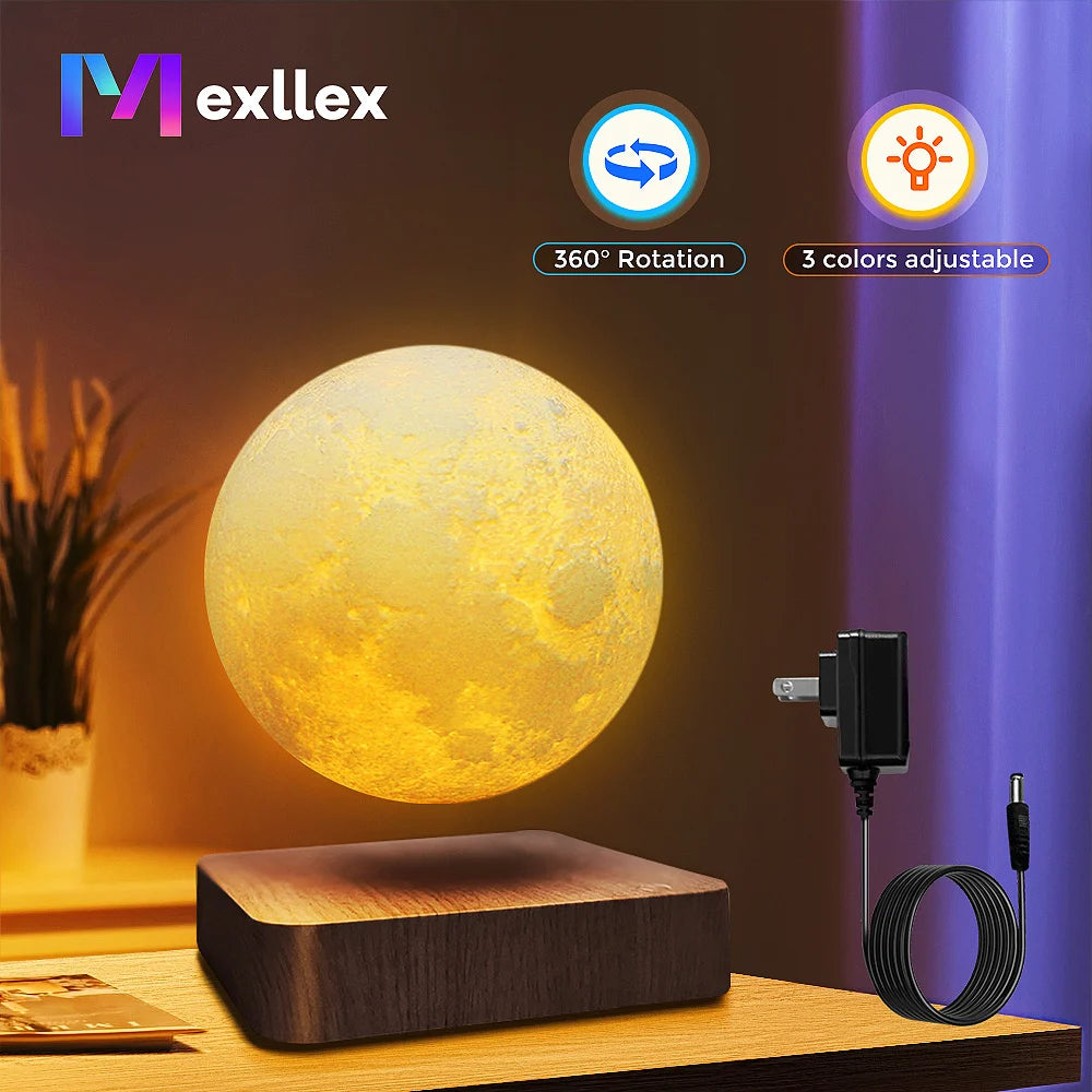 Mexllex Magnetic Floating Moon Lamp With Wooden Base And 3 Color Temp LEDs