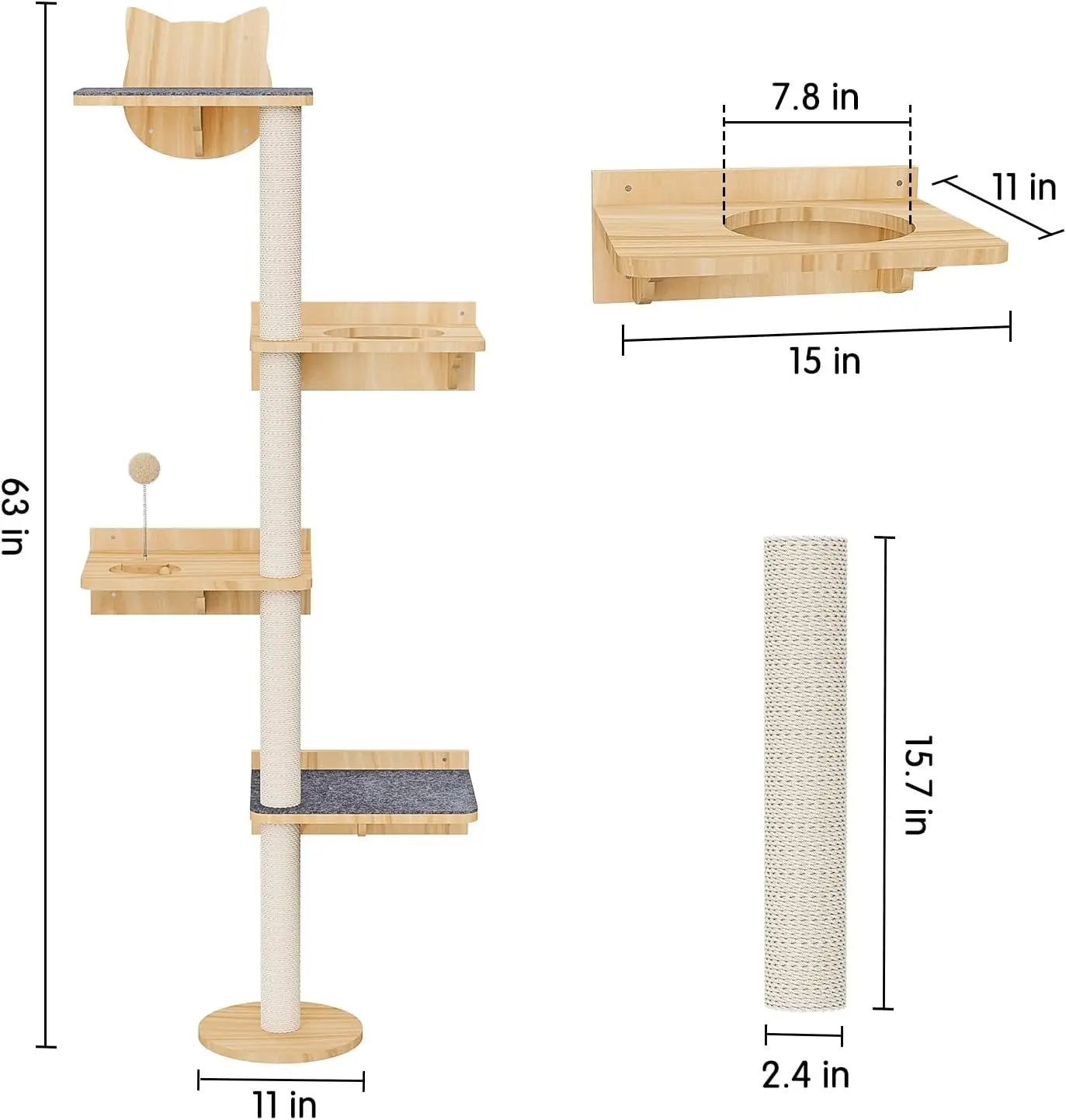 Wall-Mounted Cat Tree With Sisal Scratching Post Shelves Toy Ball