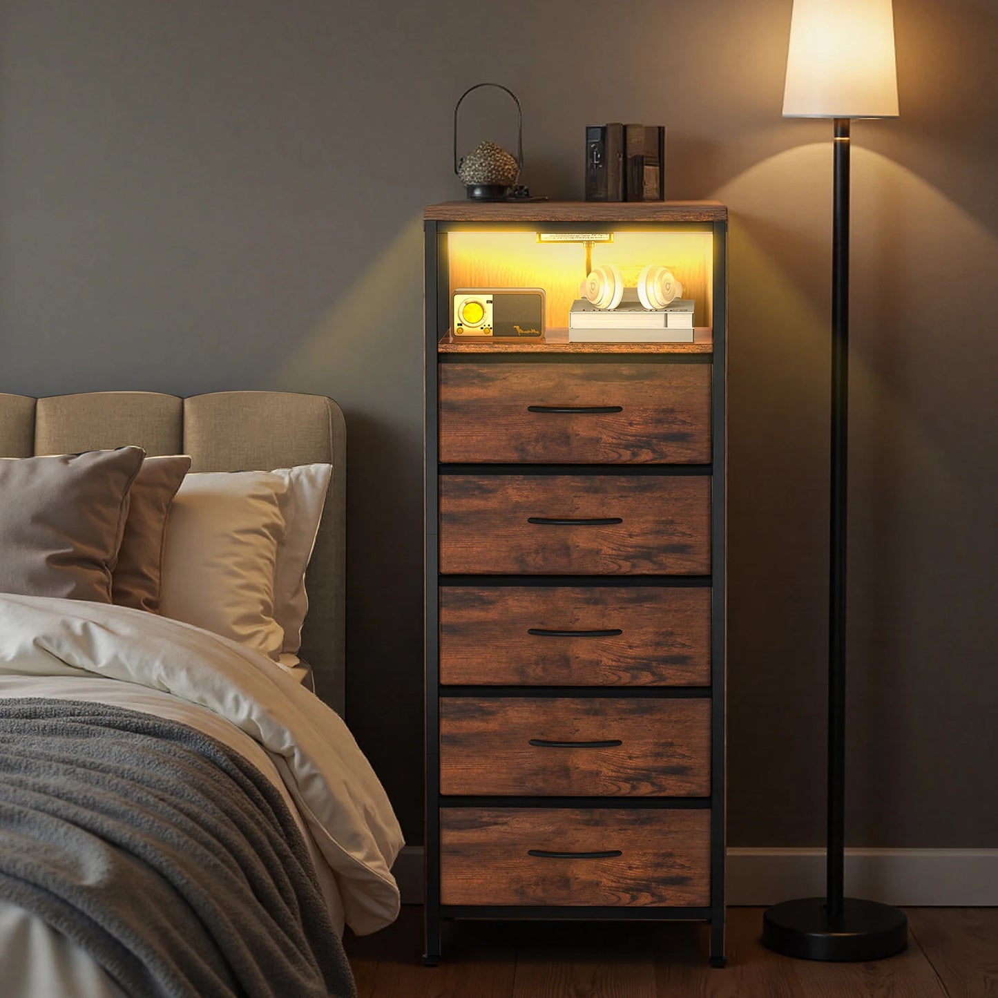 JHK 5 Drawer Nightstand With USB Type C Charging Station Bedside Table