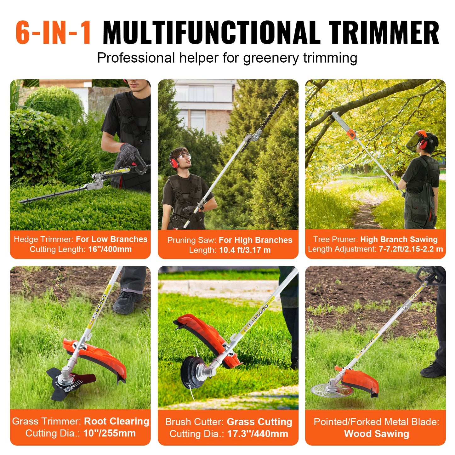 SucceBuy 33cc 6 In 1 Gas Trimmer Hedge Cutter Pole Saw Chainsaw