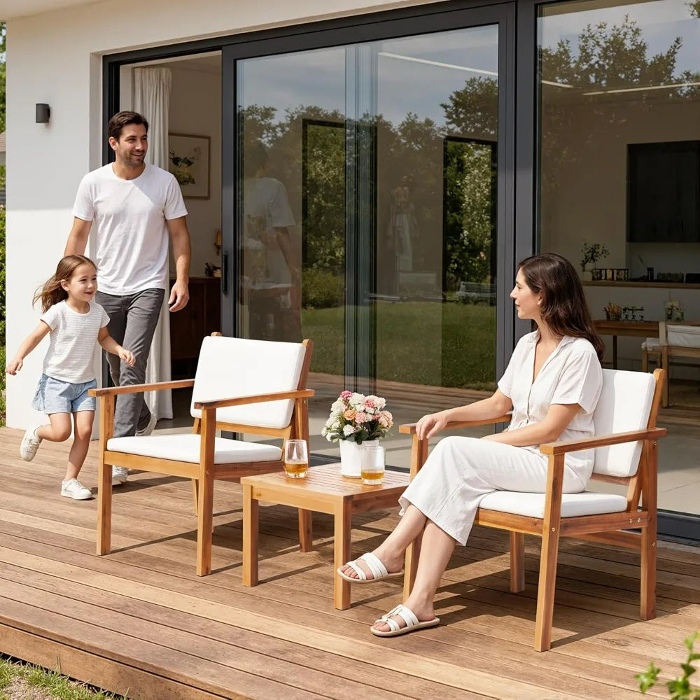 Acacia Wood 3 Piece Patio Set With Coffee Table Cushions