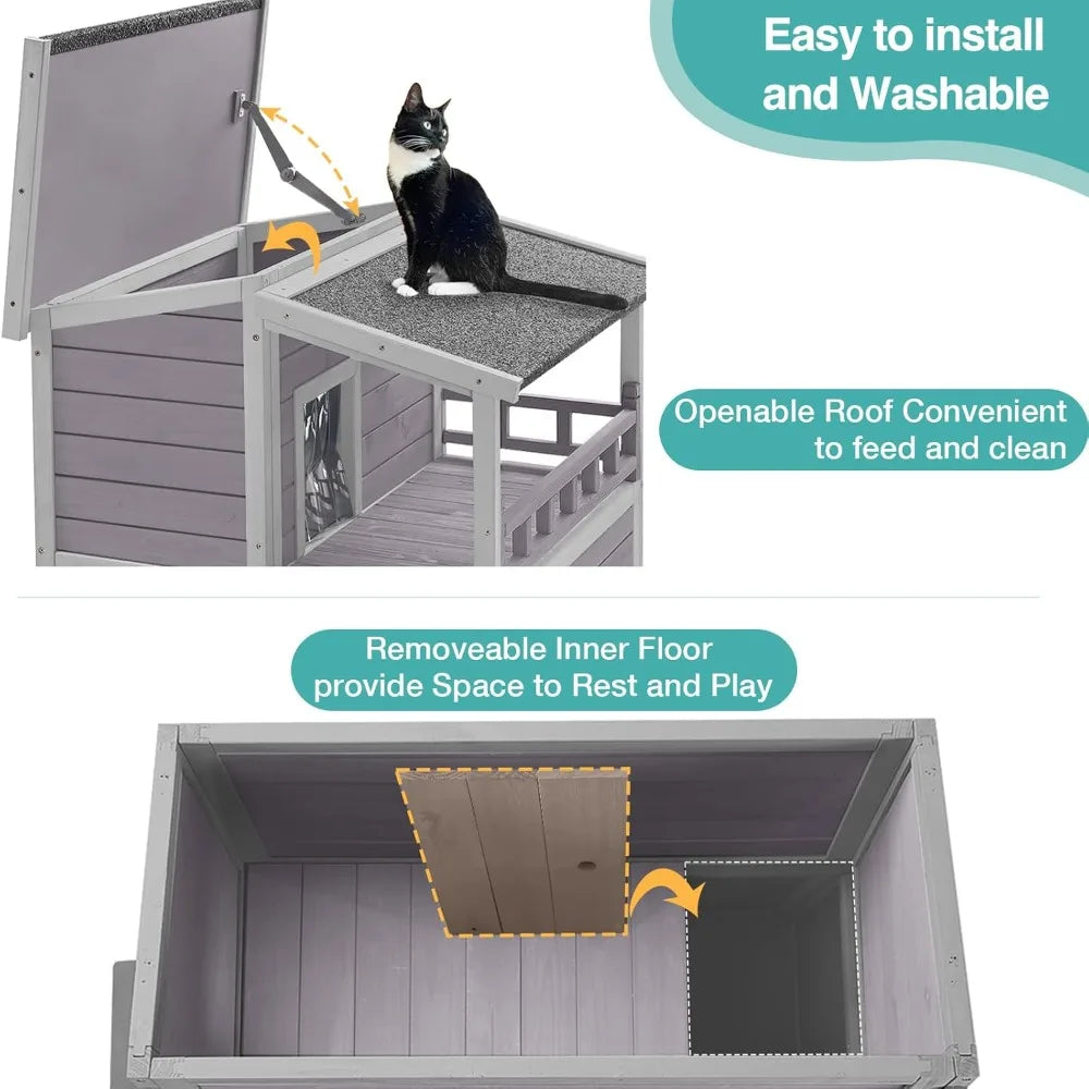 Outdoor Cat House Weatherproof Wooden Two Story Shelter With Balcony