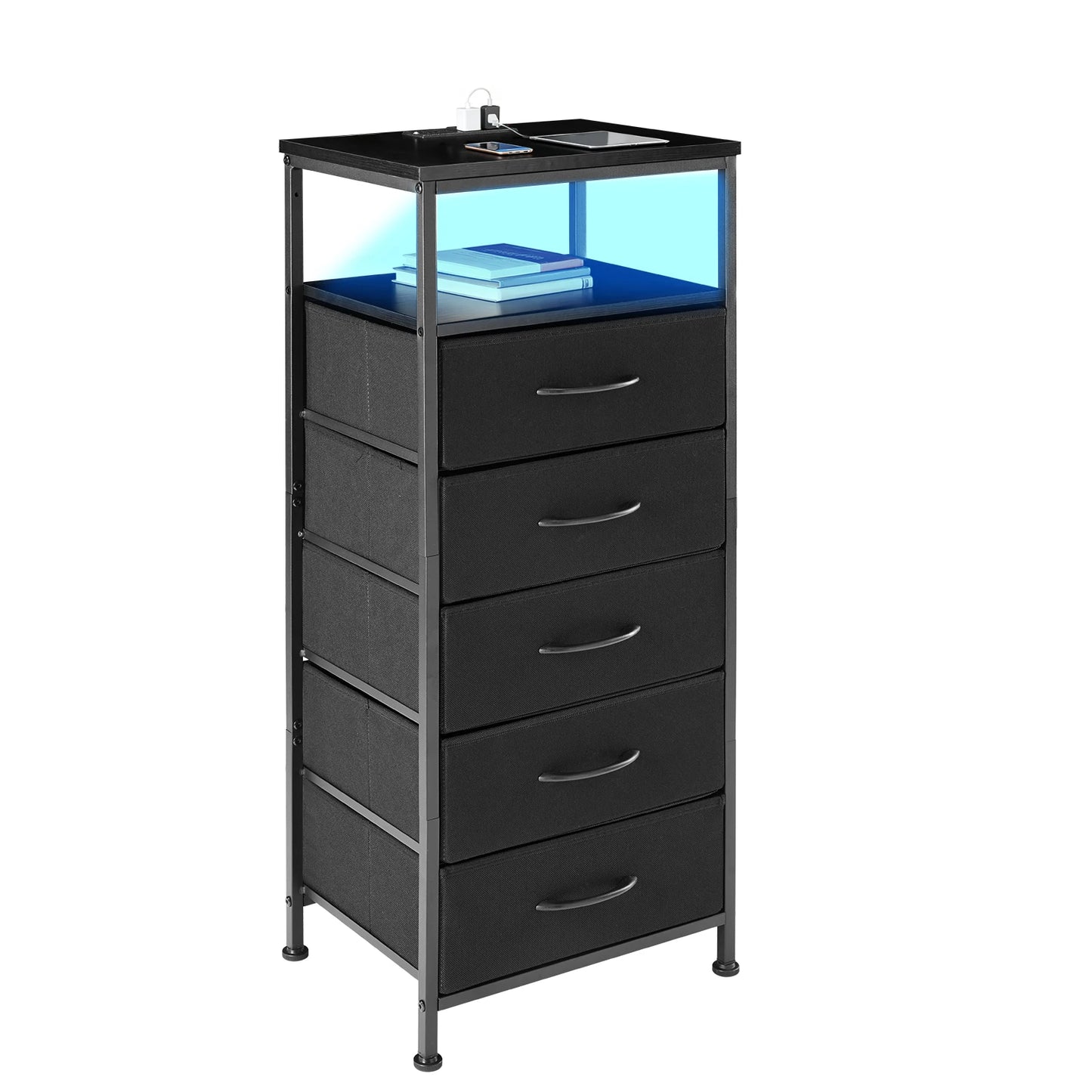 JHK 5 Drawer Nightstand With USB Type C Charging Station Bedside Table